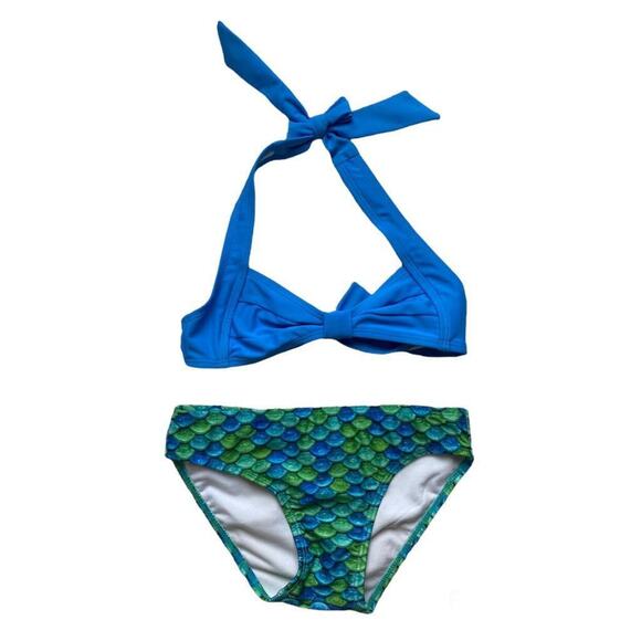 Girls S Mermaidens Blue Green Halter Bow Tie Mermaid Bikini Swimsuit - Picture 1 of 2